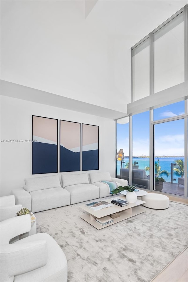 living room featuring a water view and a high ceiling