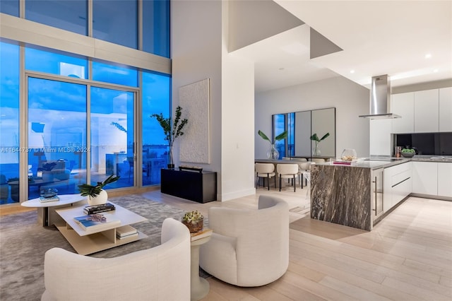 living room featuring light wood-type flooring and a high ceiling