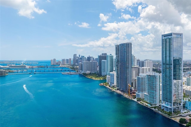 birds eye view of property featuring a view of city and a water view