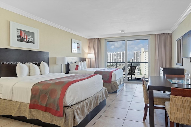 tiled bedroom featuring crown molding and access to outside