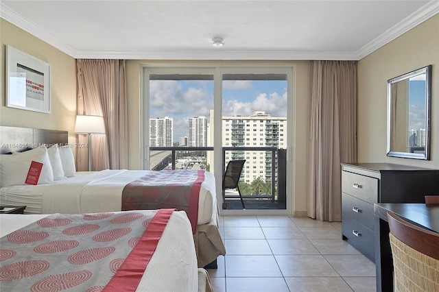 tiled bedroom featuring access to exterior and ornamental molding