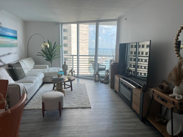 living room featuring hardwood / wood-style floors and a wall of windows