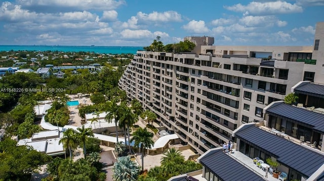 view of building exterior with a water view