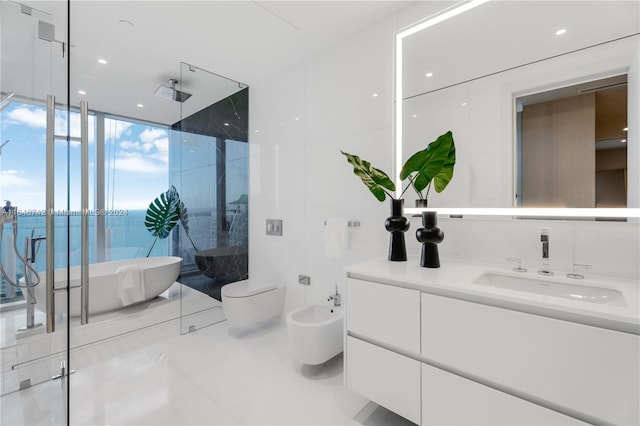 bathroom with vanity, a bidet, expansive windows, a water view, and walk in shower