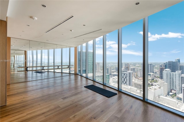 unfurnished room with floor to ceiling windows and hardwood / wood-style floors