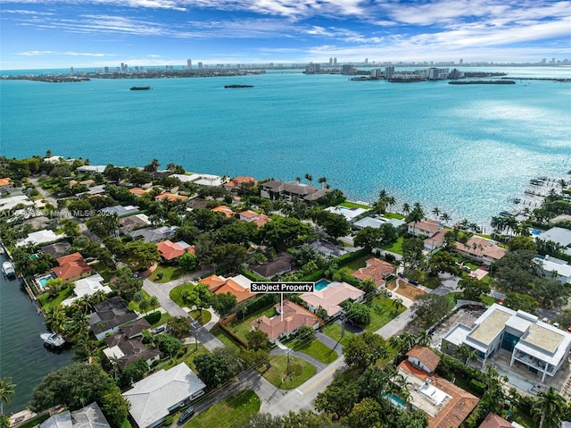 drone / aerial view featuring a water view