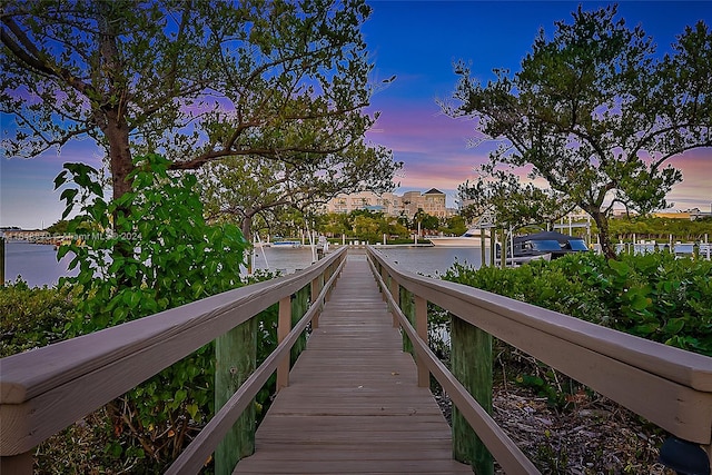 view of dock with a water view