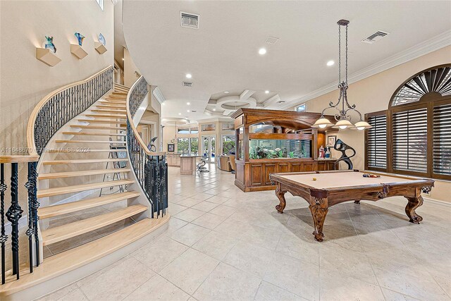 playroom with billiards, crown molding, and light tile patterned flooring