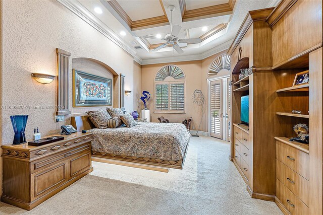 carpeted bedroom with crown molding, coffered ceiling, access to outside, ceiling fan, and beam ceiling