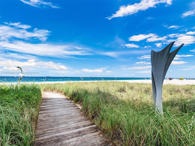 view of property's community featuring a water view and a view of the beach