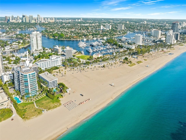 aerial view featuring a beach view and a water view