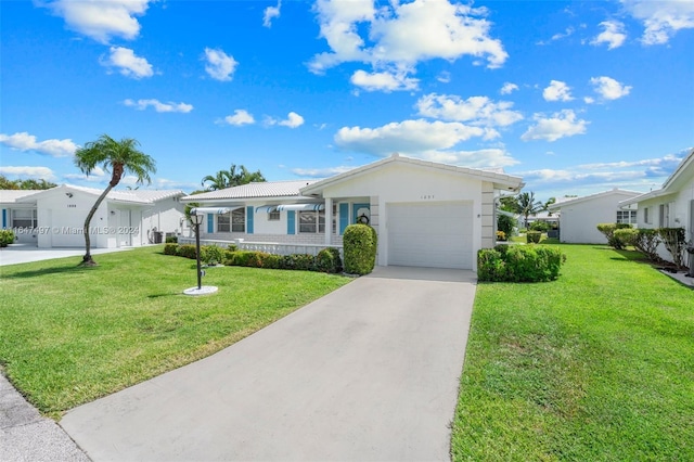 single story home with a garage, driveway, a front lawn, and stucco siding