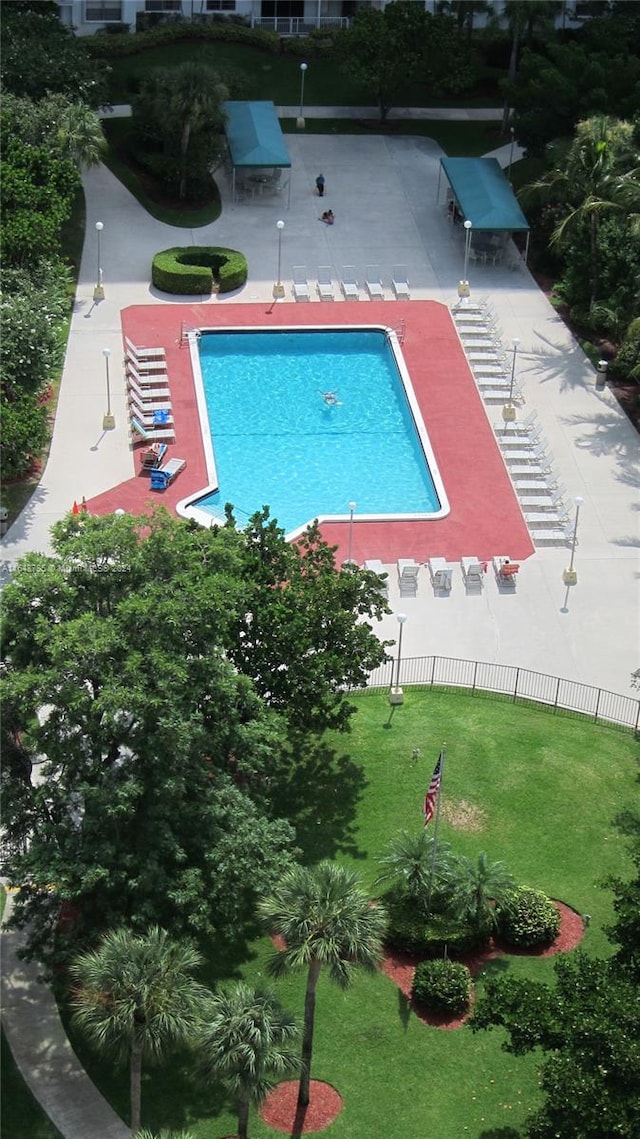 view of pool with a patio area and a yard