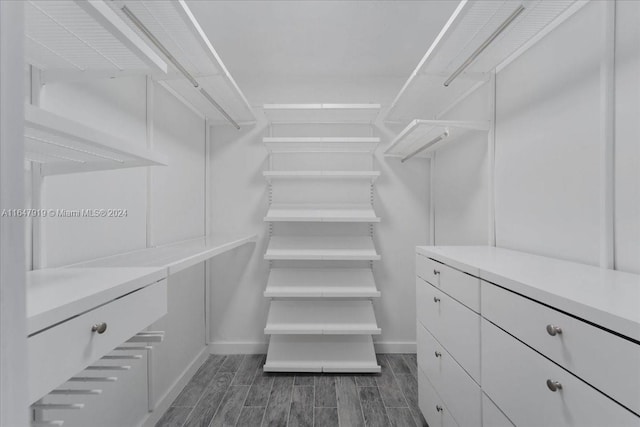 walk in closet with dark hardwood / wood-style flooring