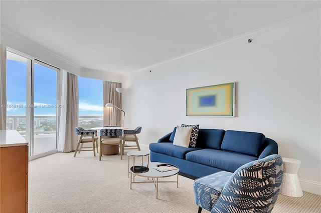 carpeted living room featuring ornamental molding