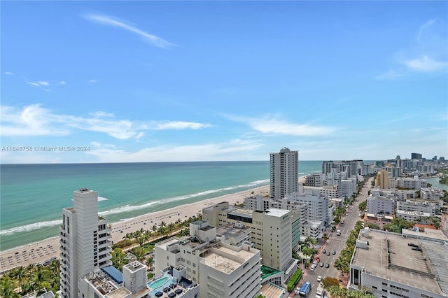 aerial view with a view of the beach and a water view