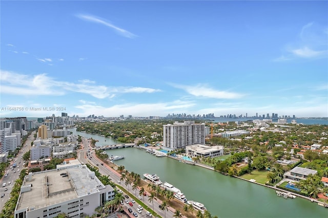 bird's eye view with a water view