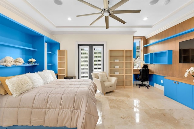 bedroom with ceiling fan, a raised ceiling, crown molding, and light tile patterned floors