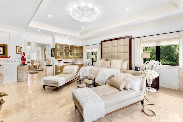 tiled bedroom featuring crown molding and a raised ceiling