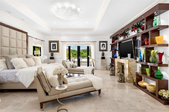 bedroom featuring light tile patterned flooring, french doors, access to exterior, a raised ceiling, and crown molding