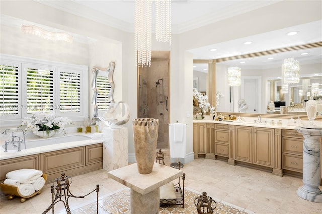 bathroom featuring tile patterned floors, vanity, shower with separate bathtub, and ornamental molding