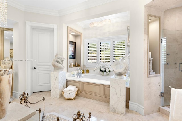 bathroom with ornamental molding, shower with separate bathtub, and tile patterned floors