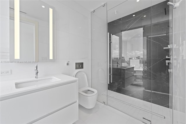 bathroom featuring a shower with shower door, toilet, tile walls, and vanity