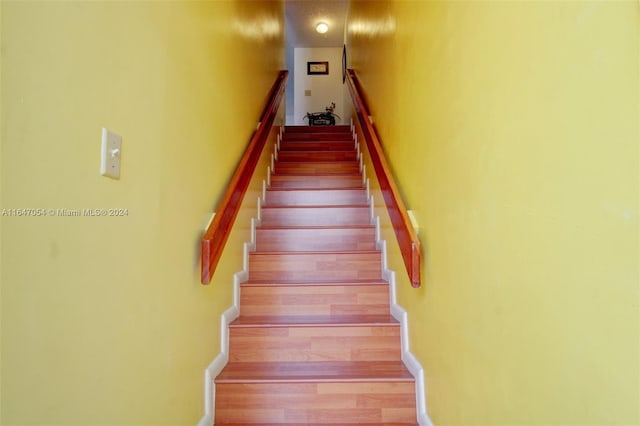 stairway with hardwood / wood-style floors