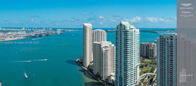 birds eye view of property featuring a water view