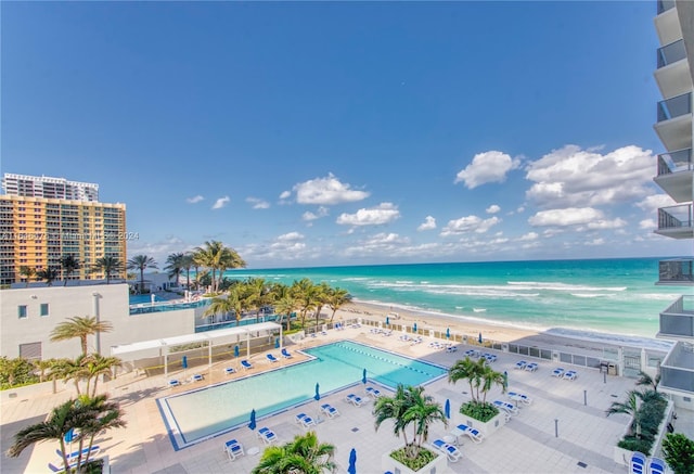 aerial view featuring a beach view and a water view