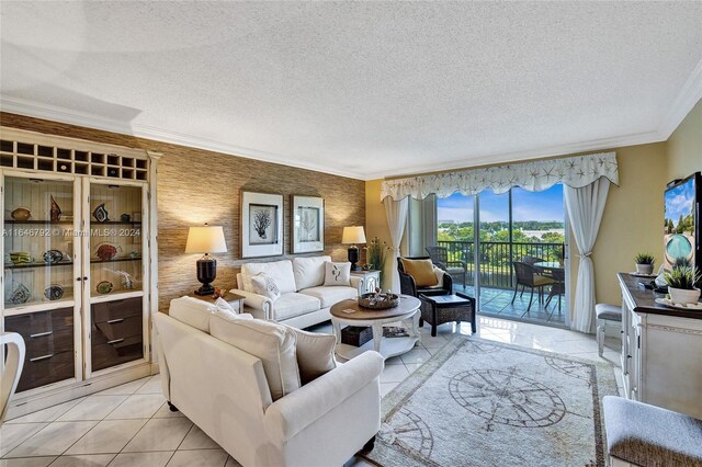 living room featuring crown molding, a textured ceiling, and light tile patterned floors