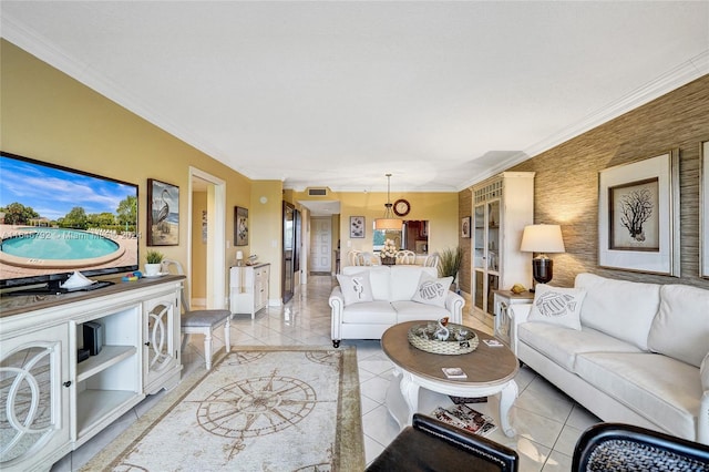 living room with ornamental molding and light tile patterned flooring