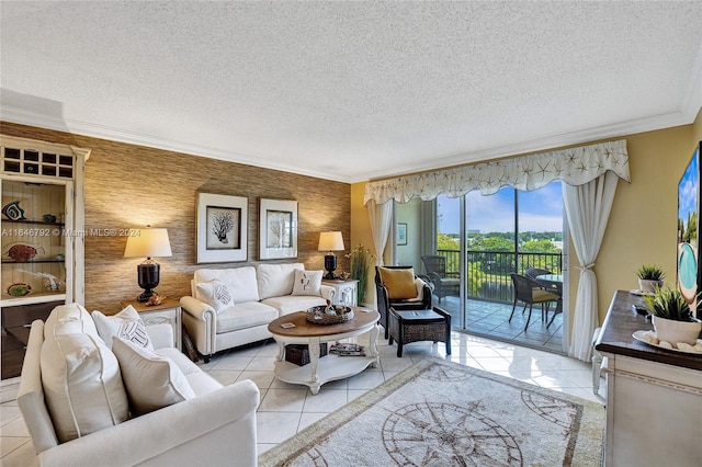 living room with light tile patterned flooring, crown molding, and a textured ceiling