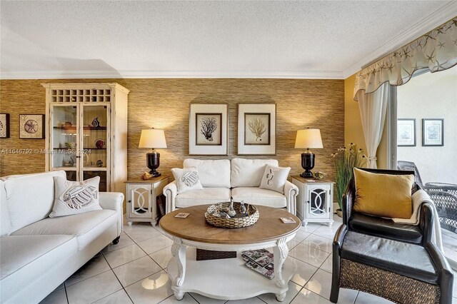 tiled living room with a textured ceiling and crown molding