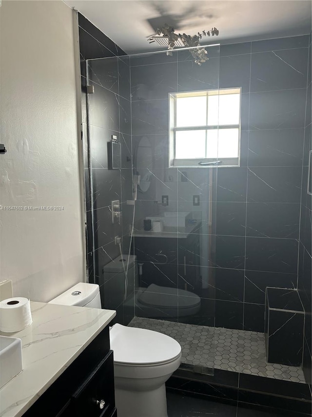 bathroom featuring an enclosed shower, vanity, and toilet