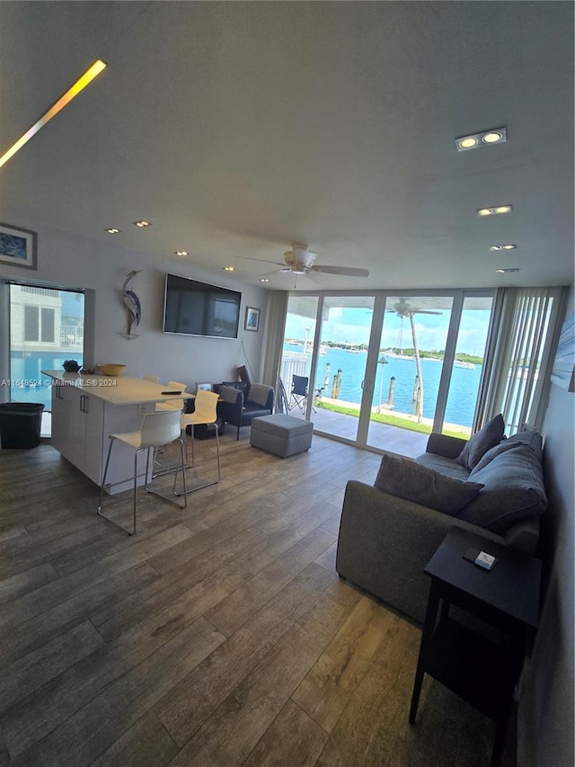 living room featuring dark wood-style flooring and recessed lighting