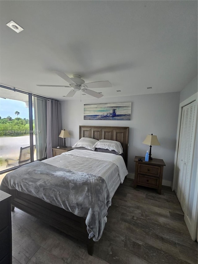 bedroom with a ceiling fan, a closet, and dark wood finished floors