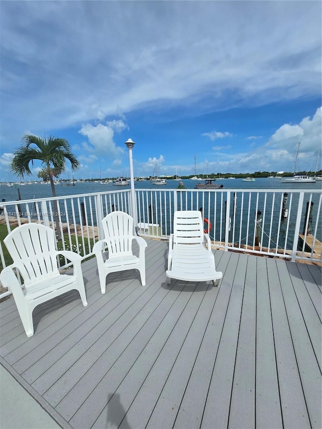 wooden deck featuring a water view