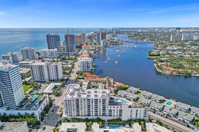 drone / aerial view featuring a water view