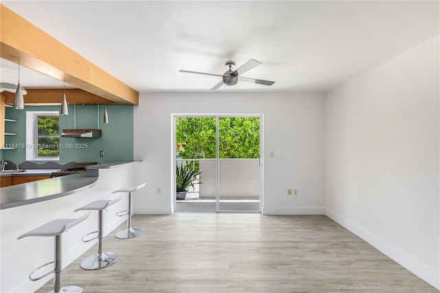 kitchen with plenty of natural light, decorative light fixtures, sink, and hardwood / wood-style floors