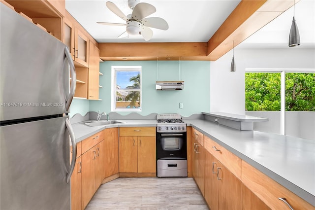 kitchen featuring appliances with stainless steel finishes, decorative light fixtures, sink, ceiling fan, and light wood-type flooring