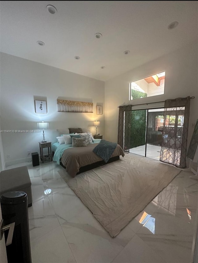 bedroom featuring marble finish floor, access to outside, and recessed lighting