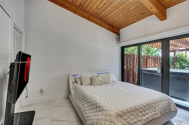 bedroom featuring wooden ceiling, access to exterior, baseboards, marble finish floor, and beam ceiling