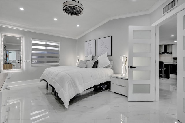 tiled bedroom featuring lofted ceiling and ornamental molding