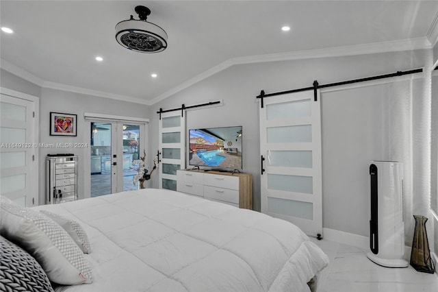 tiled bedroom with ornamental molding, french doors, access to outside, a barn door, and vaulted ceiling