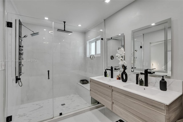 bathroom with tile patterned floors, vanity, and a shower with shower door