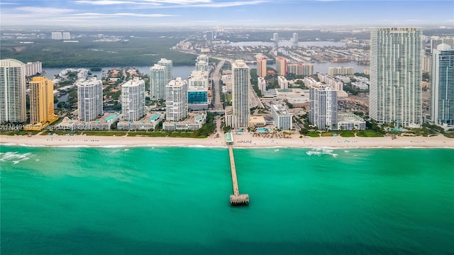 bird's eye view featuring a water view and a beach view