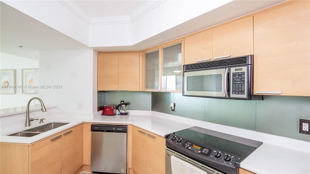 kitchen with ornamental molding, light brown cabinetry, sink, and appliances with stainless steel finishes