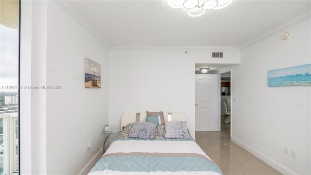 tiled bedroom with crown molding