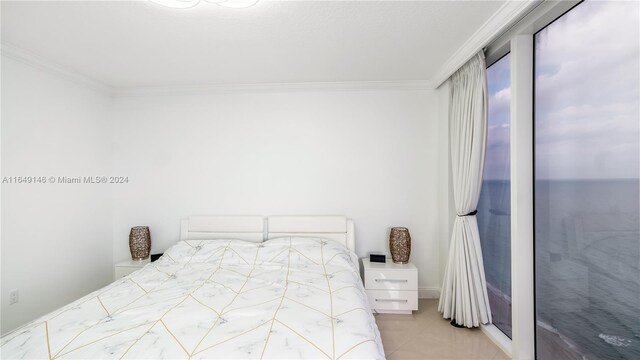 tiled bedroom with crown molding